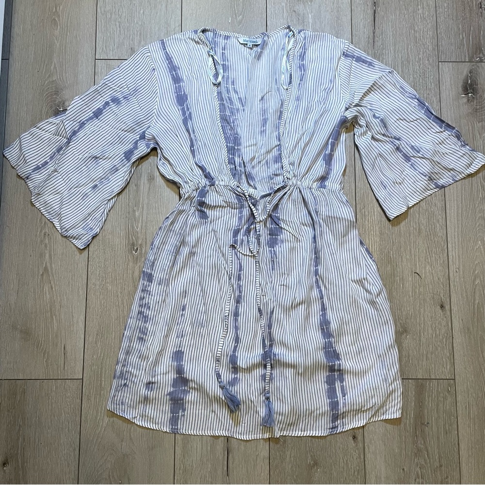 Blue Island Blue White Striped Tassel Tie V-Neck‎ Bell Sleeve Swim CoverUp Dress